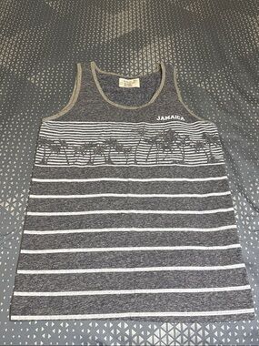 Men’s Large Grey Stripe Tank Top with Palm Tree Print